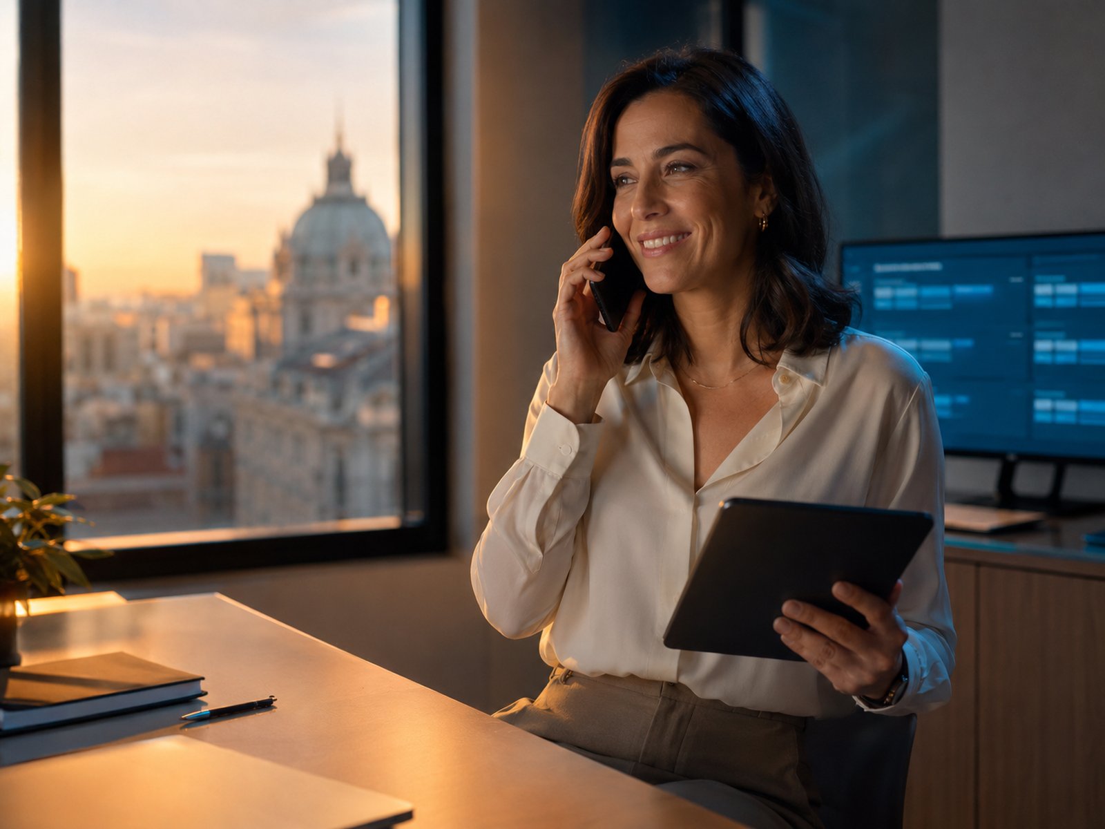 Agente Casaia gestionando llamadas y CRM desde su oficina en Madrid
